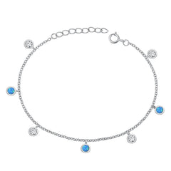 Sterling Silver Rhodium Plated Round Clear CZ And Blue Lab Opal Bracelet Length-6.5+1inch, Charm Height-4mm