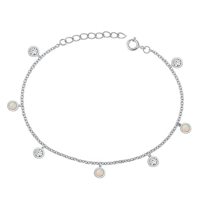 Sterling Silver Rhodium Plated Round Clear CZ And White Lab Opal Bracelet Length-6.5+1inch, Charm Height-4mm