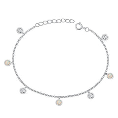 Sterling Silver Rhodium Plated Round Clear CZ And White Lab Opal Bracelet Length-6.5+1inch, Charm Height-4mm