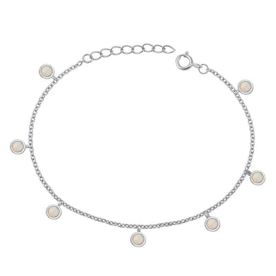 Sterling Silver Rhodium Plated Round White Lab Opal Bracelet Length-6.5+1inch, Charm Height-4mm
