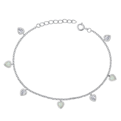 Sterling Silver Rhodium Plated Heart Clear CZ And White Lab Opal Bracelet Length-6.5+1inch