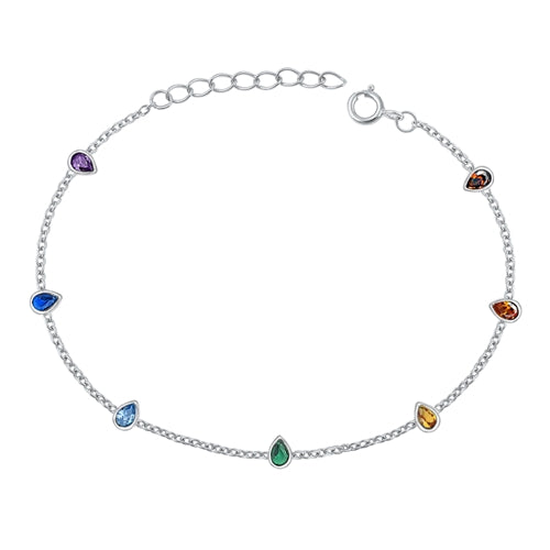 Sterling Silver Rhodium Plated Teardrop Multi Colored CZ Assorted Bracelet