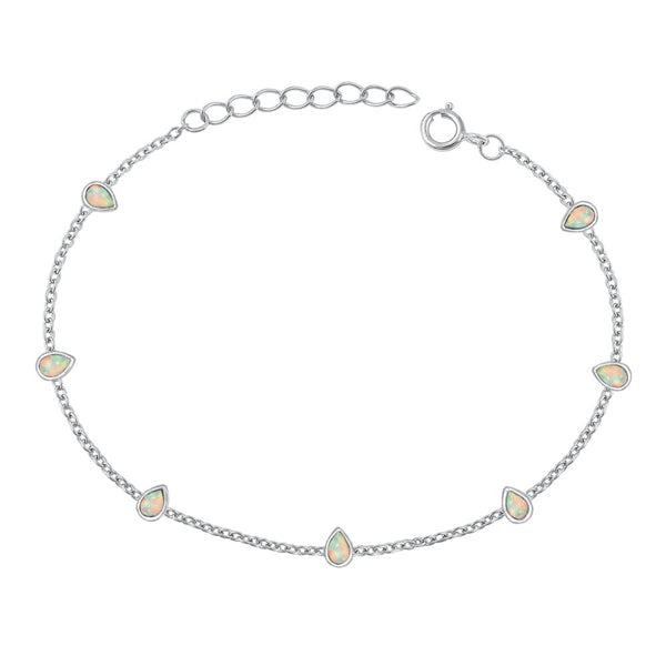 Sterling Silver Rhodium Plated Pear White Lab Opal Bracelet Length-6.5+1inch