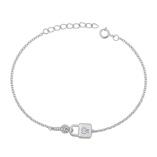 Sterling Silver Rhodium Plated Lock And Key Clear CZ Assorted Bracelet