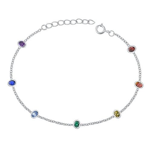 Sterling Silver Rhodium Plated Oval Multi Colored CZS Bracelet Length-7+1inch