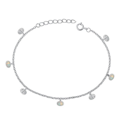 Sterling Silver Rhodium Plated Ovals Clear CZ And White Lab Opal Bracelet Length-6.5+1inch