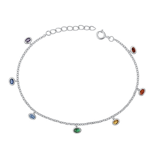 Sterling Silver Rhodium Plated Oval Multi Colored CZ Assorted Bracelet
