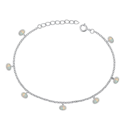 Sterling Silver Rhodium Plated Ovals White Lab Opal Bracelet Length-6.5+1inch