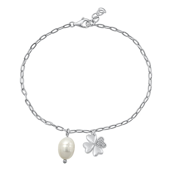 Sterling Silver Rhodium Plated Clover Freswater Pearl And Clear CZ Assorted Bracelet