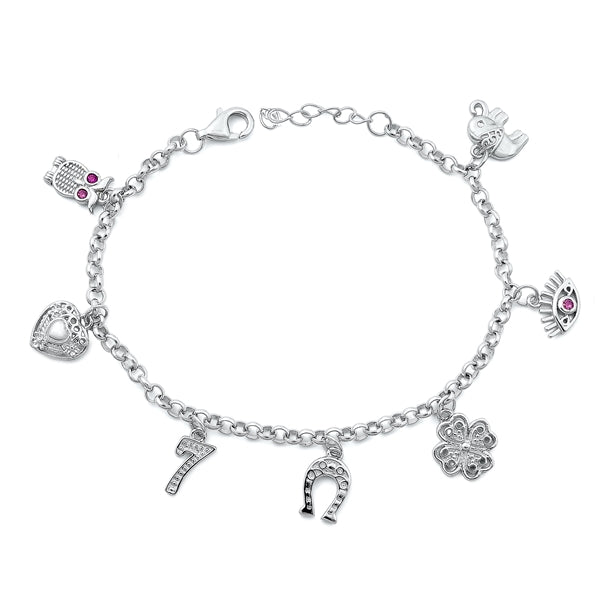 Sterling Silver Rhodium Plated Lucky Charms Ruby CZ Bracelet Length-6.5+1inches, Chain Thickness-2.5mm, Charm Height-9mm