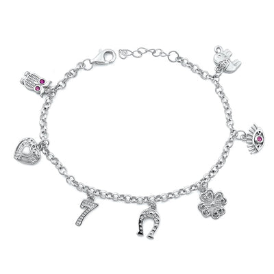Sterling Silver Rhodium Plated Lucky Charms Ruby CZ Bracelet Length-6.5+1inches, Chain Thickness-2.5mm, Charm Height-9mm