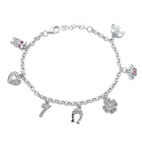 Sterling Silver Rhodium Plated Lucky Charms Ruby CZ Bracelet Length-6.5+1inches, Chain Thickness-2.5mm, Charm Height-9mm