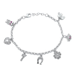 Sterling Silver Rhodium Plated Lucky Charms Ruby CZ Bracelet Length-6.5+1inches, Chain Thickness-2.5mm, Charm Height-9mm