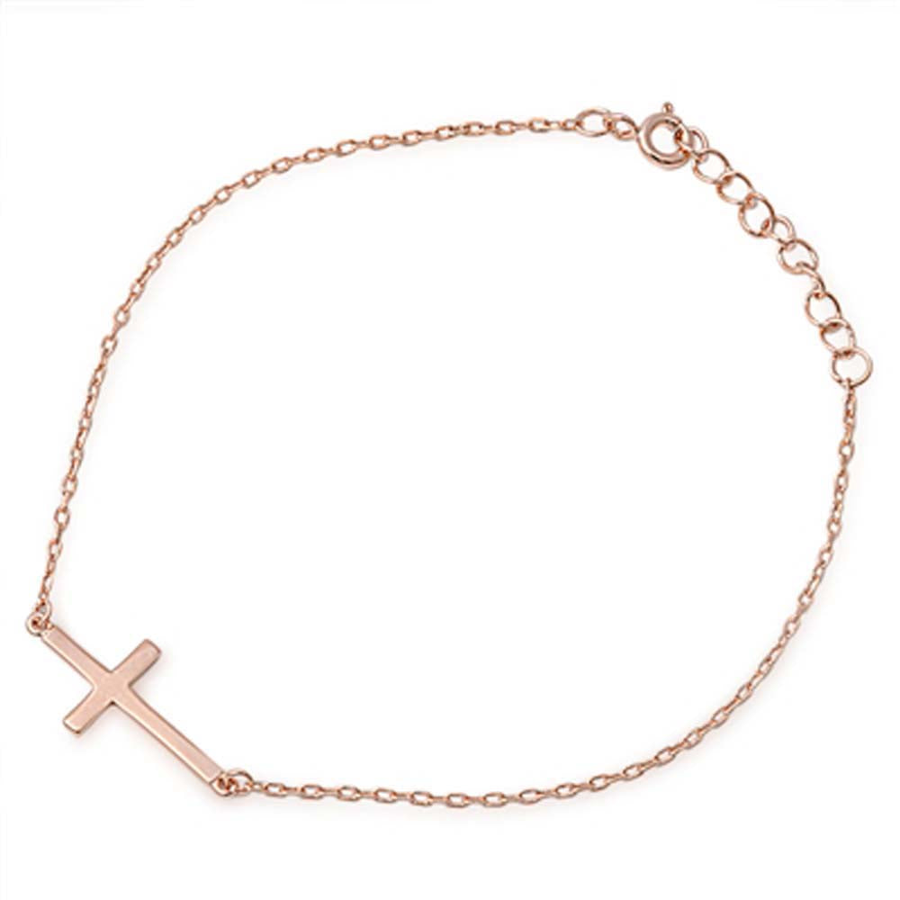 Sterling Silver Rose Gold Plated Bracelet with Sideway Cross CharmAnd Bracelet Length of 7  + 1  extension Charm Size: 22MM
