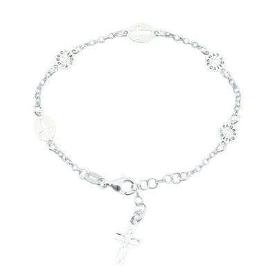 Sterling Silver Rosary with Cross Discs Bracelet-7+1 Inches Extension