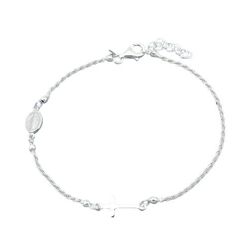 Sterling Silver Rope Chain Rosary Bracelet-7+1 Inches Extension