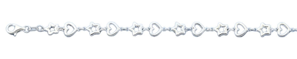 Sterling Silver Polished Hearts And Stars Italian Bracelet Length-7+1inch, Thickness-7.2mm