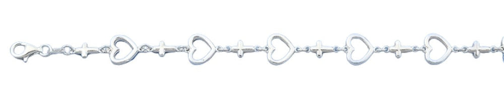 Sterling Silver Polished Hearts And Crosses Italian Bracelet Length-7+1inch, Thickness-9.7mm