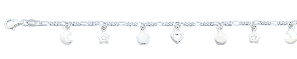Sterling Silver Polished Heart, Moon, Star Italian Bracelet Length-7+1inch, Chain Thickness-2mm, Charm Height-6.6mm