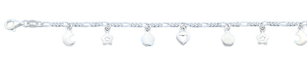 Sterling Silver Polished Heart, Moon, Star Italian Bracelet Length-7+1inch, Chain Thickness-2mm, Charm Height-6.6mm