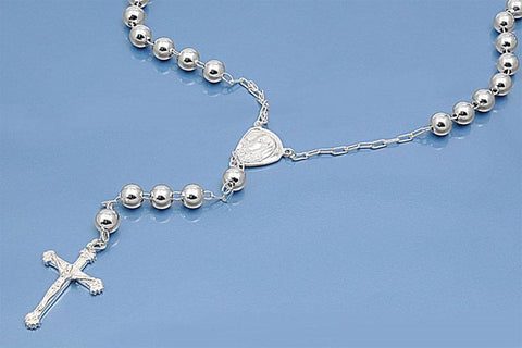 7MM Sterling Silver Chain With Beads And Cross Pendant Rosary NecklaceAnd Length 26inchesAnd Bead size 7mm