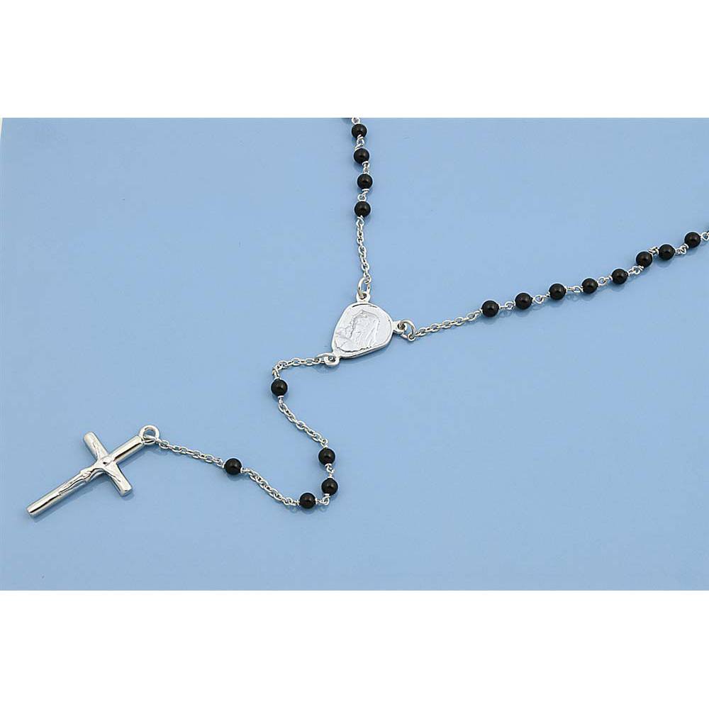 3MM Sterling Silver Chain With Black Onyx Beads And Cross Pendant Rosary Necklace