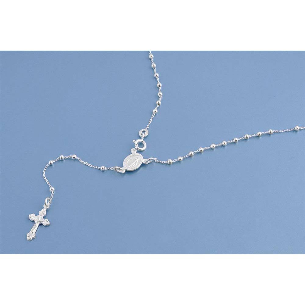 2.5MM Sterling Silver Rosary Necklace With Beads, Pendant Height 18mm, Bead size 2.5mm