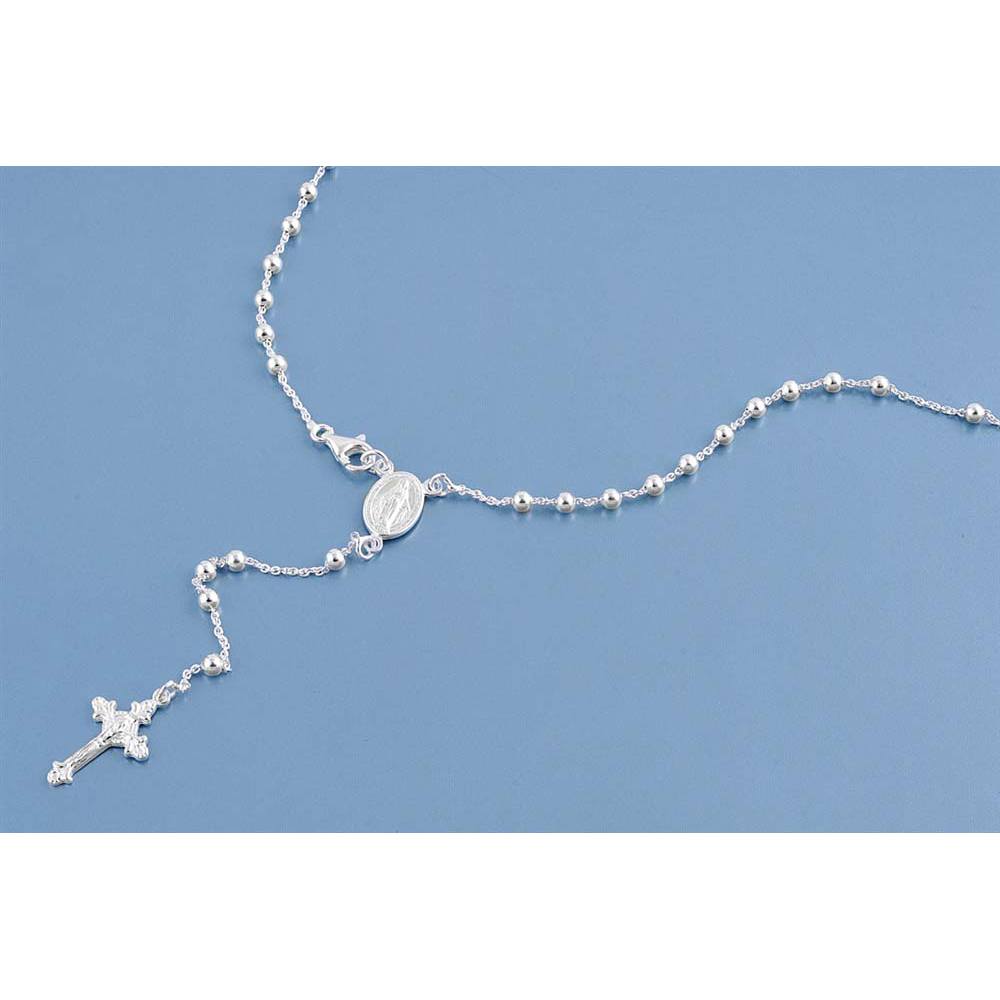 3MM Sterling Silver Chain Rosary Necklace With Beads And Cross Pendant