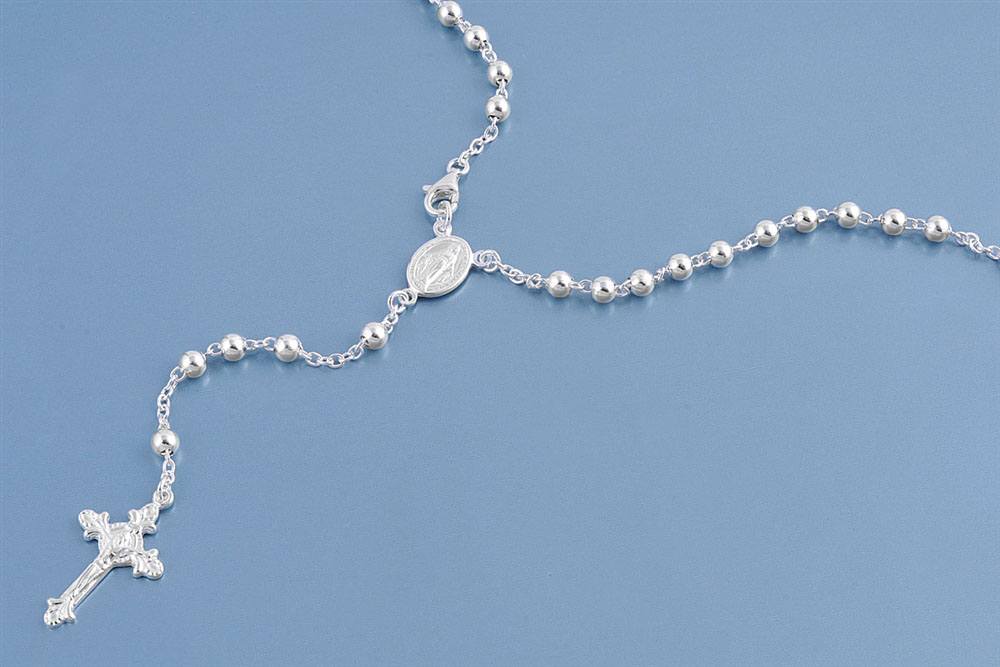 4MM Sterling Silver Chain Rosary Necklace with Beads and Cross Pendant, Bead size 4mm