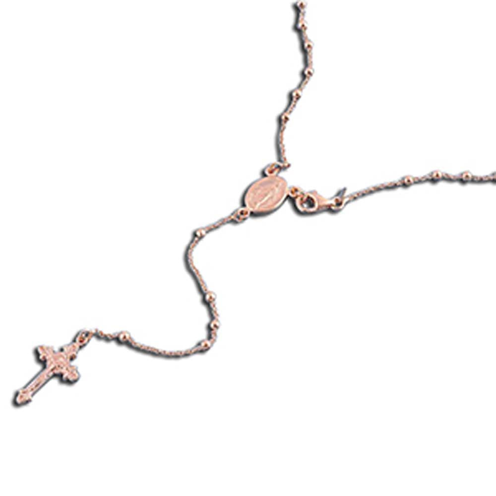 3MM Sterling Silver Rose Gold Plated Chain With Beads And Cross Pendant Rosary NecklaceAnd Length 16inchesAnd Pendant Height 20mmAnd Beads size 3mm