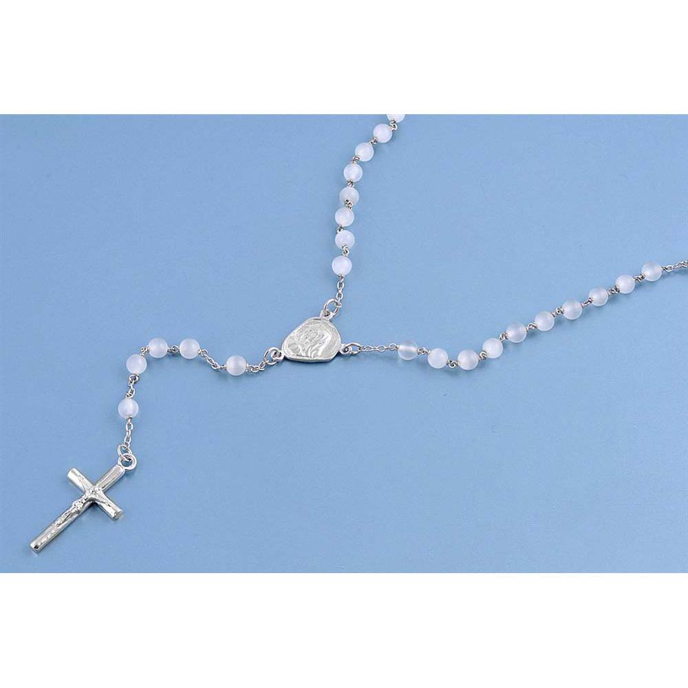 4MM Sterling Silver Chain With White Beads And Cross Pendant Rosary Necklace