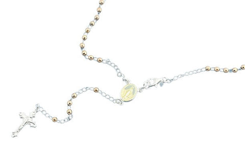 Sterling Silver Rose Gold Rosary Diamond Cut Bead Necklace