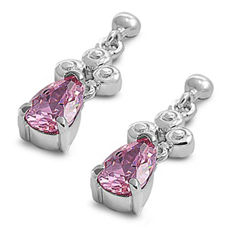 Sterling Silver Pink Pear Hanging Shaped CZ EarringsAnd Earring Height 14 mm