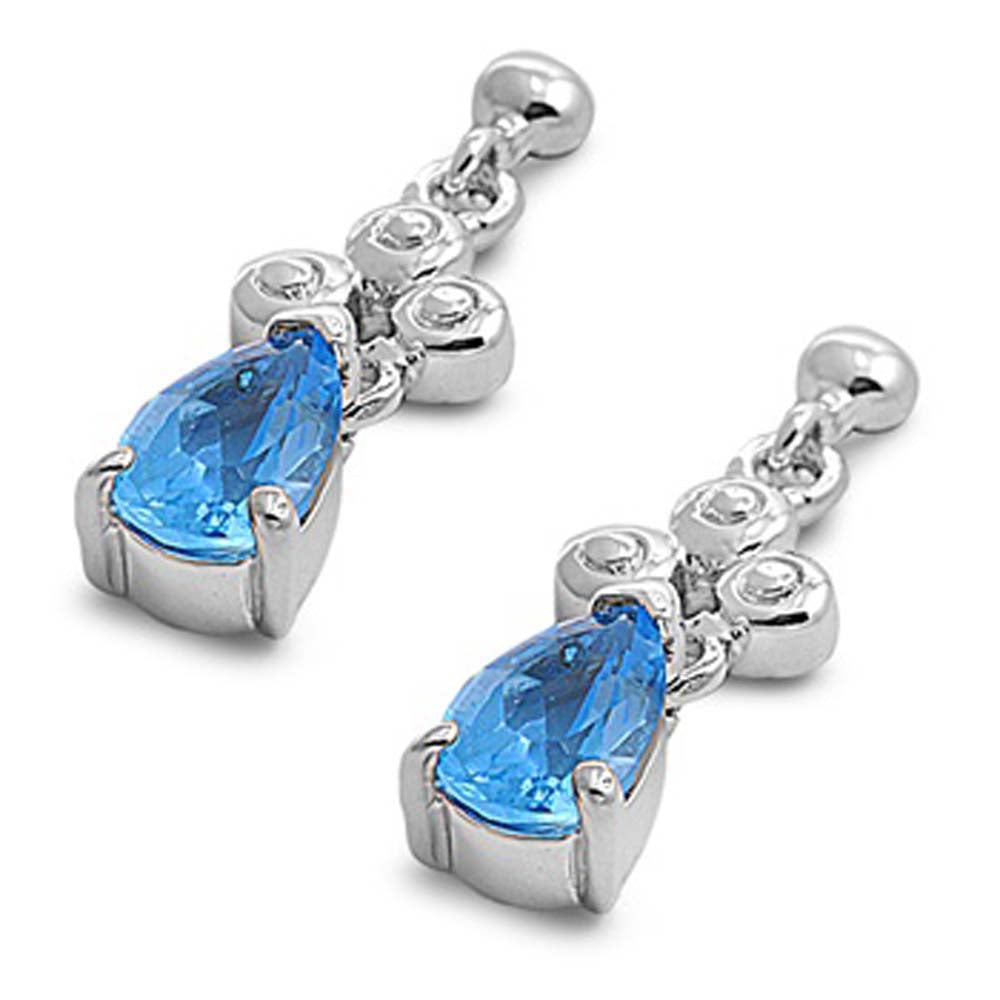 Sterling Silver Blue Topaz Pear Hanging Shaped CZ EarringsAnd Pendant Height 14 mm