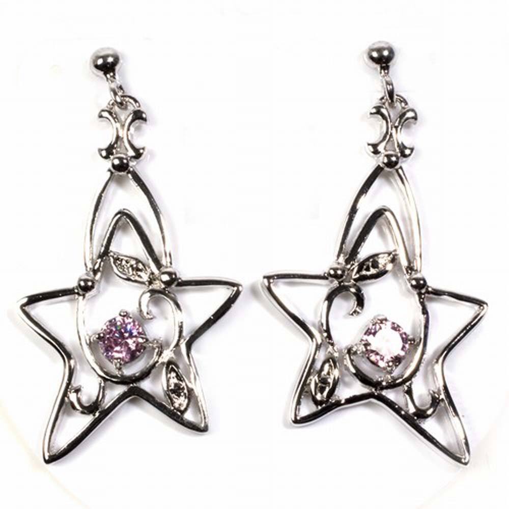 Sterling Silver Pink And Clear Star Shaped CZ EarringsAnd Height 37 mm