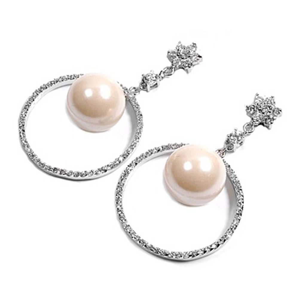 Sterling Silver Flower And Round with Fresh Water Pearl Shaped CZ EarringsAnd Height 50.8 mm