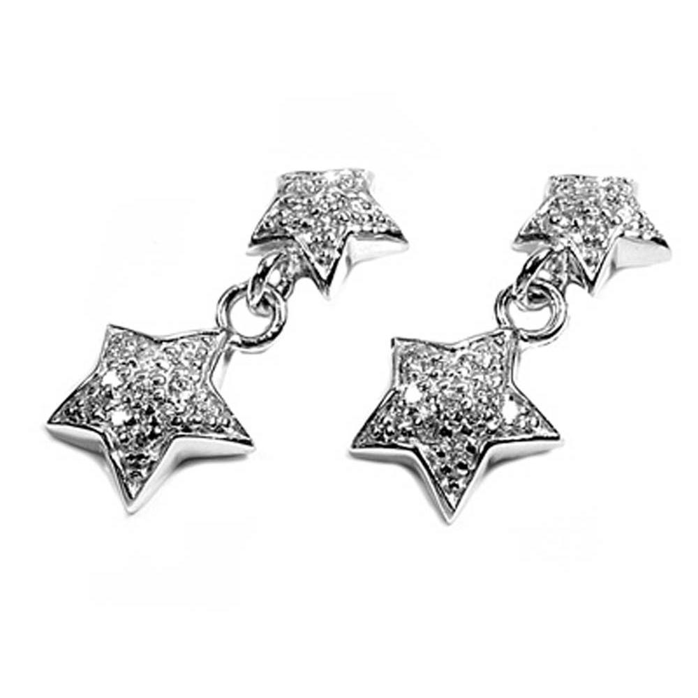 Sterling Silver Double Stars Shaped CZ EarringsAnd Height 10 mm