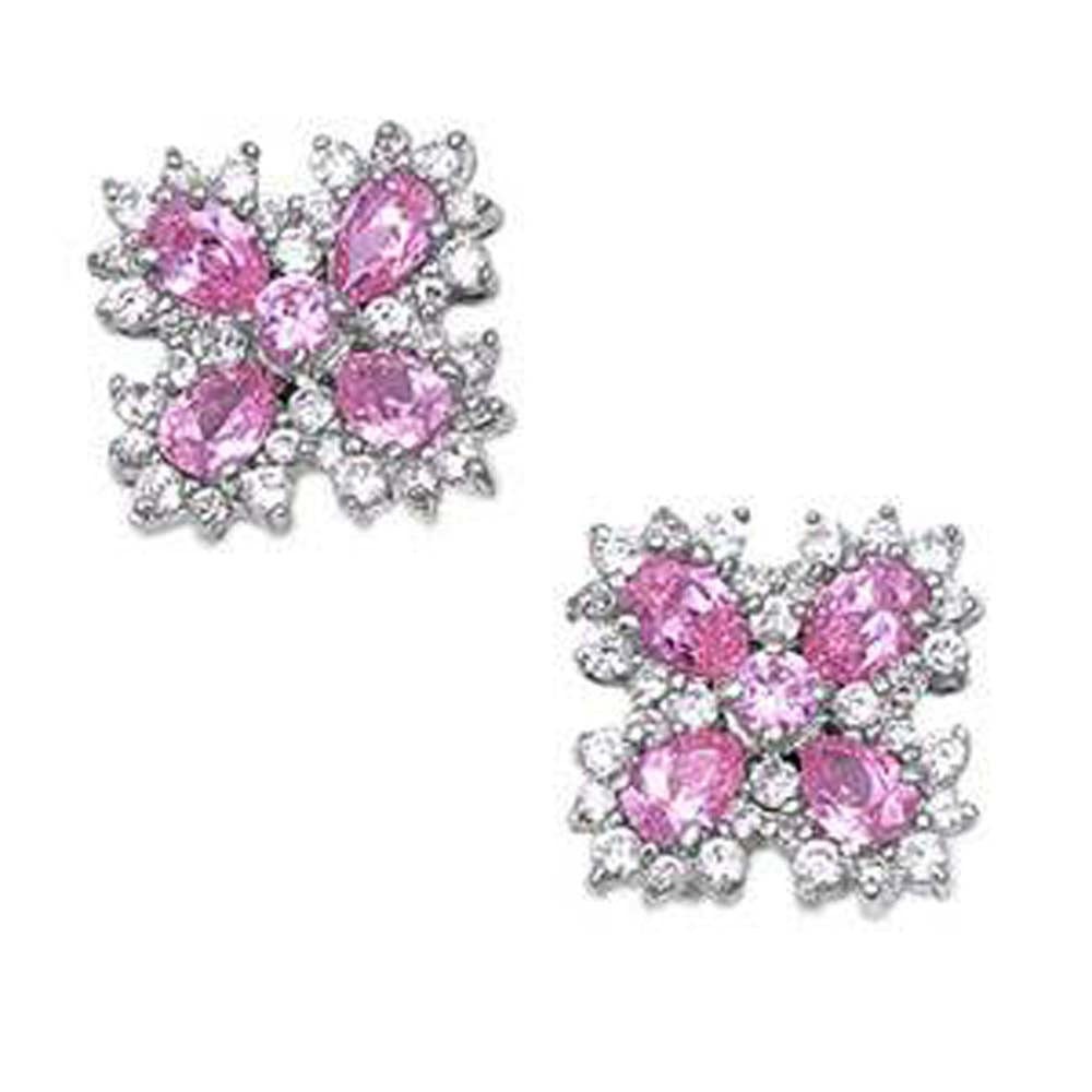 Sterling Silver Pink And Clear Flower Shaped CZ EarringsAnd Earring Height 21 mm