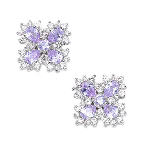 Sterling Silver Lavender And Clear Flower Shaped CZ EarringsAnd Earring Height 21 mm