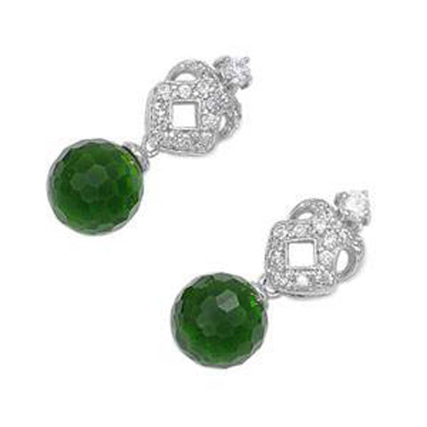 Sterling Silver Green Crystal Round And Diamond Cut Shaped CZ EarringsAnd Earring Height 26 mm