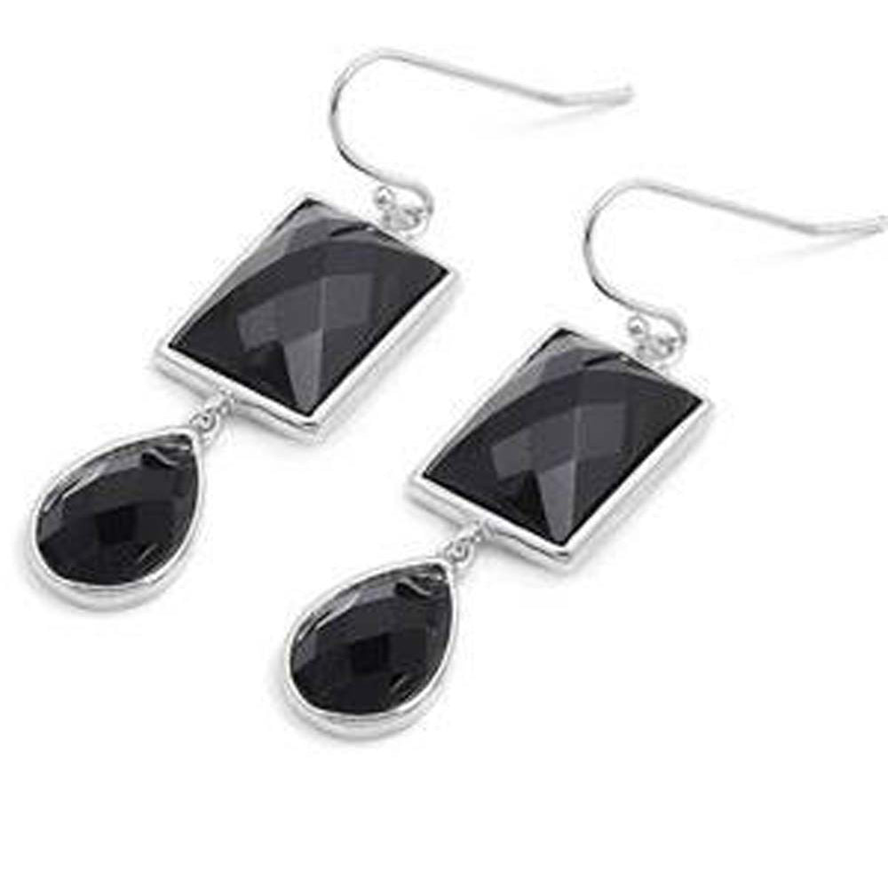 Sterling Silver Black Pear And Rectangle Shaped CZ EarringsAnd Earring Height 32 mm