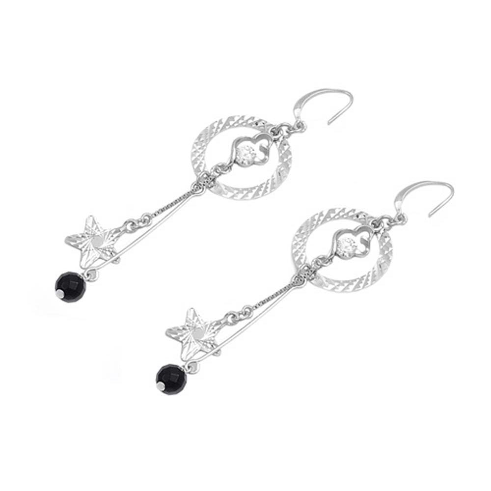 Sterling Silver Black Crystal Different Shapes Hanging CZ EarringsAnd Pendant Height 32 mm