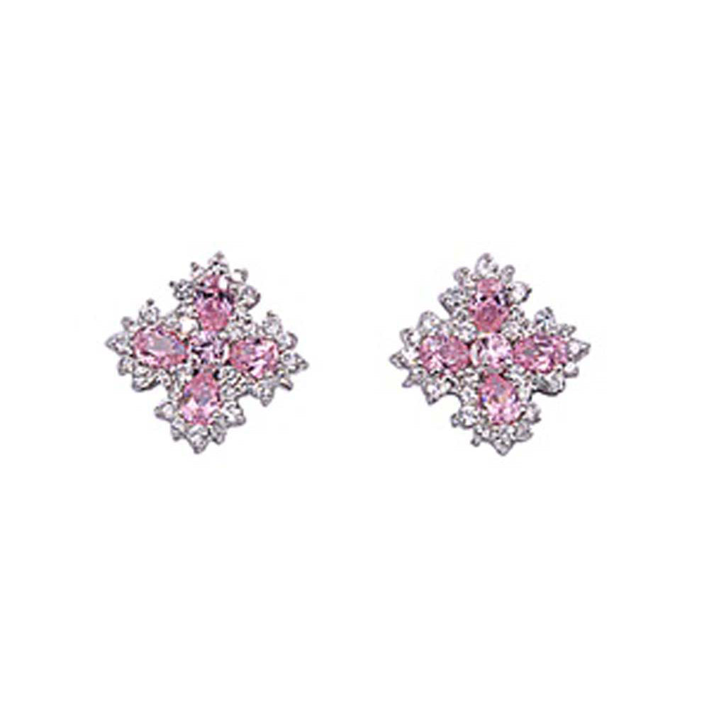 Sterling Silver Pink And Clear Flower Shaped Assorted CZ EarringsAnd Pendant Height 21 mm
