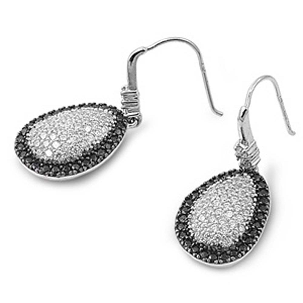 Sterling Silver Black And Clear Oval Shaped Assorted CZ EarringsAnd Pendant Height 33 mm