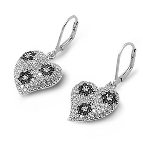 Sterling Silver Black And Clear Heart Shaped Assorted CZ EarringsAnd Pendant Height 17 mm