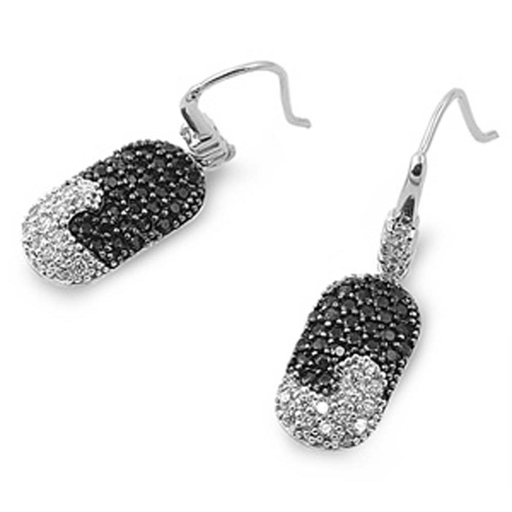Sterling Silver Black And Clear Cylinder Shaped Assorted CZ EarringsAnd Pendant Height 17 mm