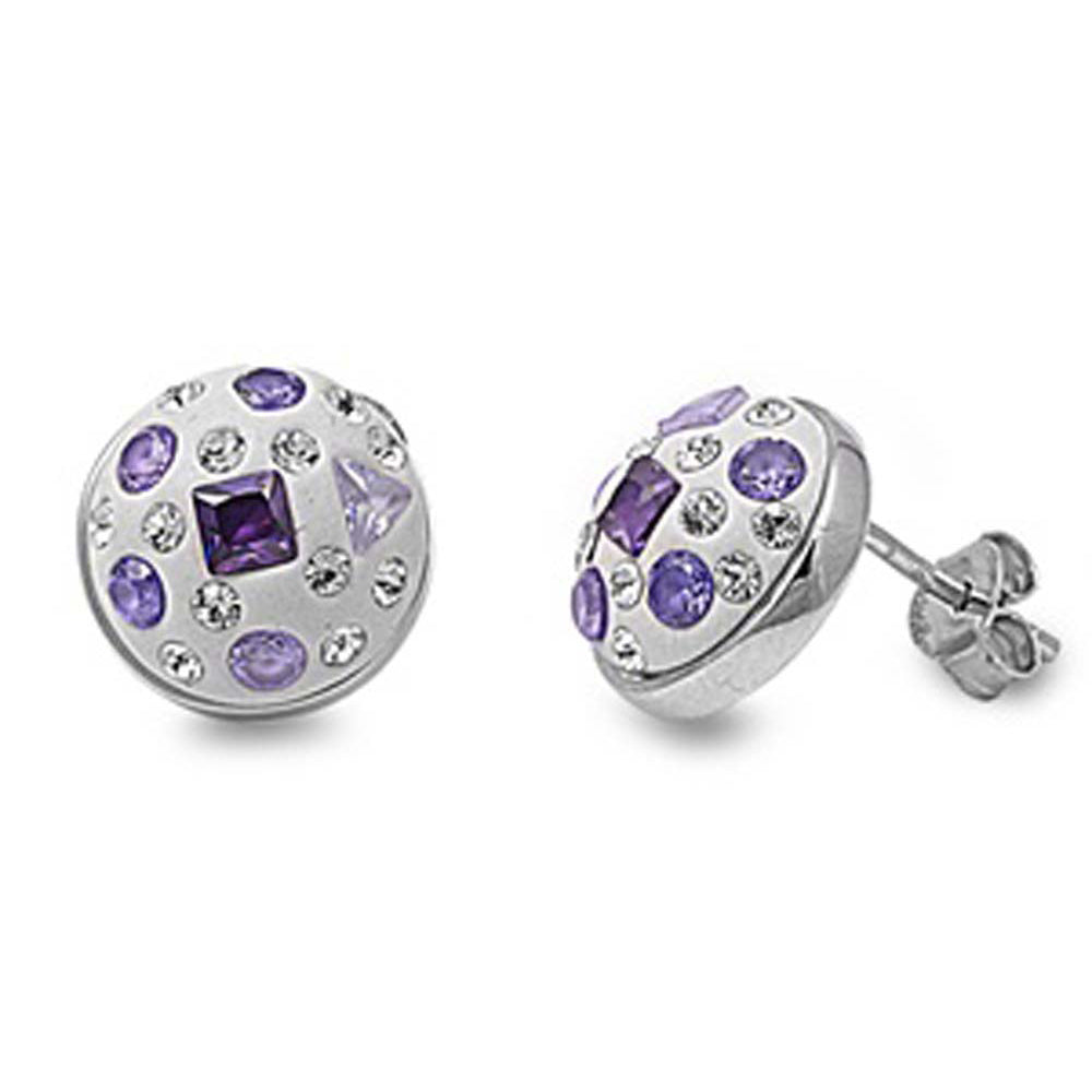 Sterling Silver Lavender And Clear Round Shaped Assorted CZ EarringsAnd Pendant Height 11 mm