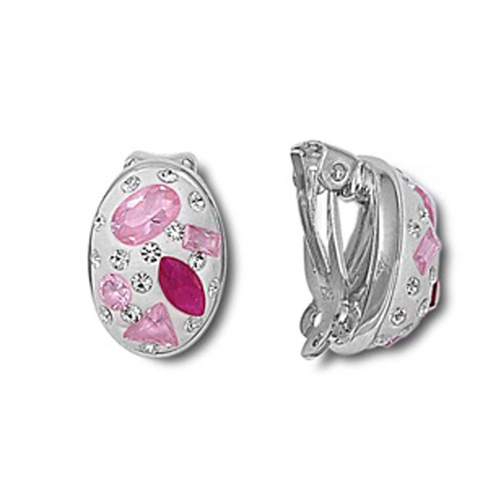 Sterling Silver PinkAnd Ruby And Clear Oval Shaped Assorted CZ EarringsAnd Pendant Height 16 mm