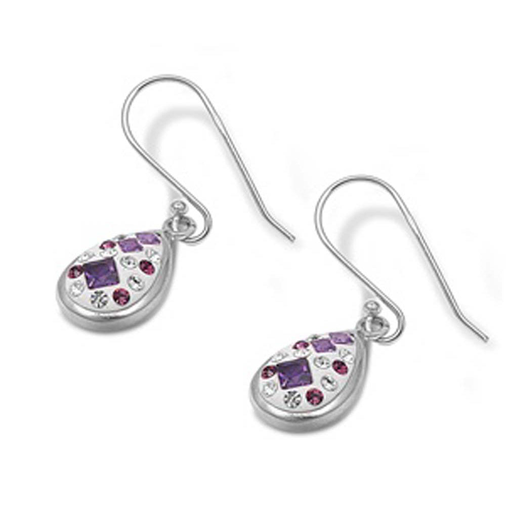 Sterling Silver PinkAnd Amethyst And Clear Pear Shaped Assorted CZ EarringsAnd Pendant Height 14 mm