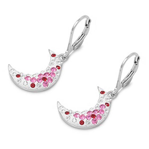 Sterling Silver GarnetAnd Pink And Clear Quarter Moon Shaped Assorted CZ EarringsAnd Pendant Height 18 mm